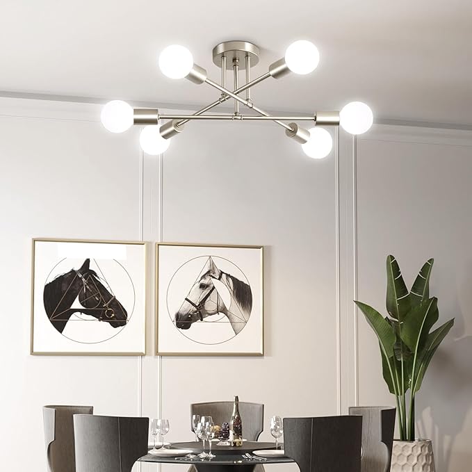 Nickle Modern Sputnik Chandelier Ceiling Light Fixture,6-Light Dining Room Light Fixture,Industrial Metal Kitchen Lighting Fixtures Ceiling,Angle Adjustable Semi Flush Mount Ceiling Light for Bedroom