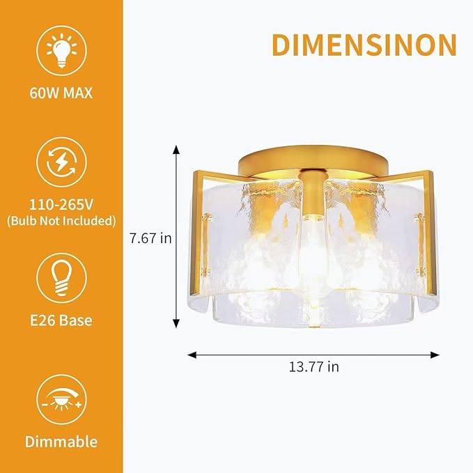 Modern 3-Light Semi Flush Mount Ceiling Light, Gold with Water Ripple Glass Shade, Farmhouse Close to Ceiling Light Fixture for Hallway, Bedroom, Kitchen, Living Room, Entryway