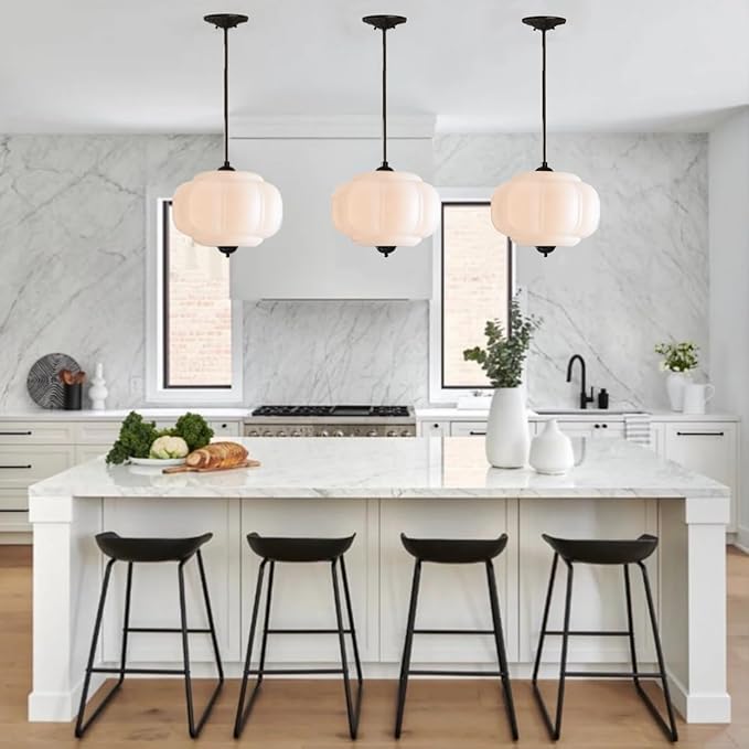 Milk White Glass Pendant Light Vintage Schoolhouse Lighting Opal Glass Chandelier Traditional Black Semi Flush Mount Ceiling Light for Bedroom Kitchen Dining Room