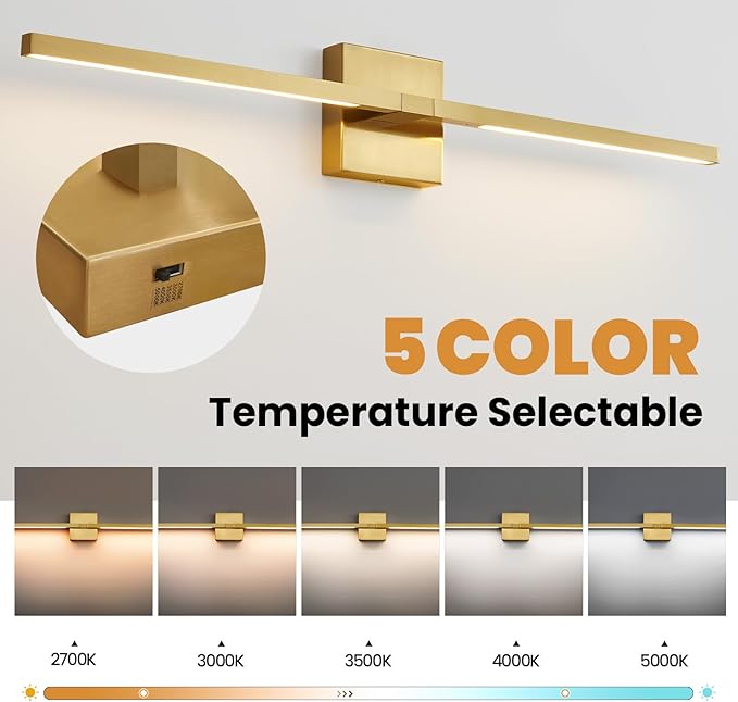 Gold Bathroom Vanity Light Fixtures - 30 inch Rotatable Modern 5CCT LED Vanity Lights for Bathroom Lighting Fixture Over Mirror Dimmable Bathroom Wall Sconce