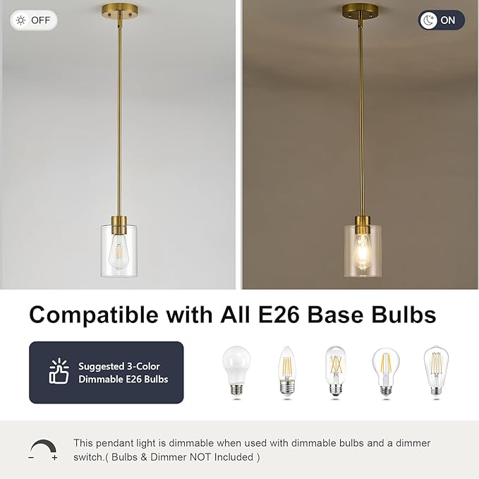 Modern Farmhouse Brass Gold Pendant Lights, Mini Hanging Light Fixture with Clear Glass Shade, Adjustable Rods for Kitchen Island, Sink, Bar (2 Pack)