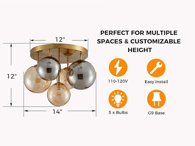 AGV LIGHTING Flush Mount Ceiling Light Fixture, Modern Bubble Glass Ceiling Light with Black Metal Frame, 5-Light G9 Base Gold Brass Ceiling Chandelier for Bedroom Living Room Kitchen Dining Room