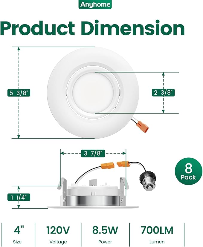 4 Inch Gimbal Led Recessed Lighting Retrofit,4 Retrofit Led Recessed Lighting,5 CCT 2700K-5000K Dimmable 8W 700LM,Compatible with TP24 Connector/E26 Bases,ETL & ES(8 Pack)