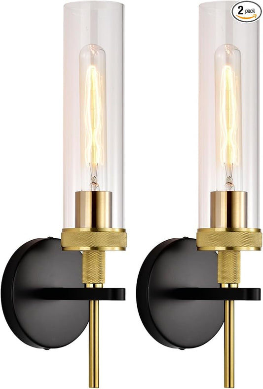LaLuLa Black and Gold Bathroom Light Fixtures Over Mirror, Wall Sconces Set of 2 with Knurled Texture, Modern Hardwired Vanity Lights with Clear Glass Tube Shade for Bathroom，Bedroom