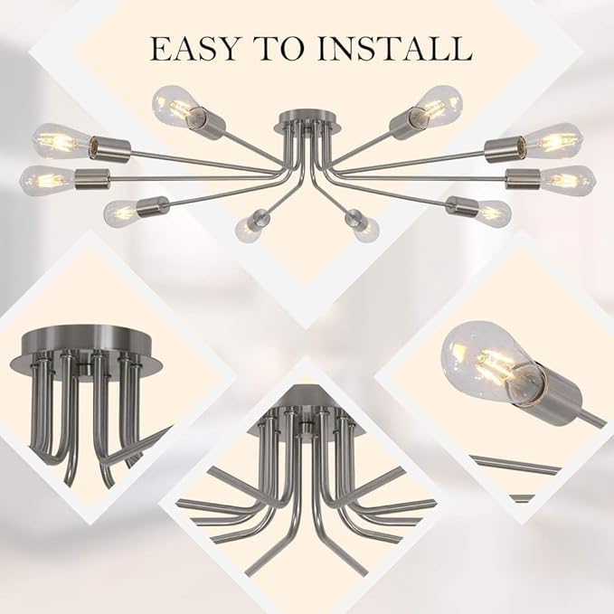 10 Light Sputnik Chandelier Brushed Nickel Ceiling Light Semi Flush Mount Light Ceiling Lamp for Kitchen Dining Room Living Room Foyer