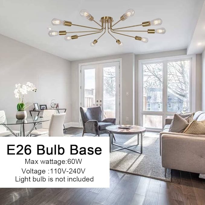 Kitchen Lighting Fixture Industrial Flush Mount Ceiling Light Mid Century 10 Light Sputnik Chandelier for Kitchen Dining Room Small Bedroom Living Room Brass Painted Metal Ceiling Lighting