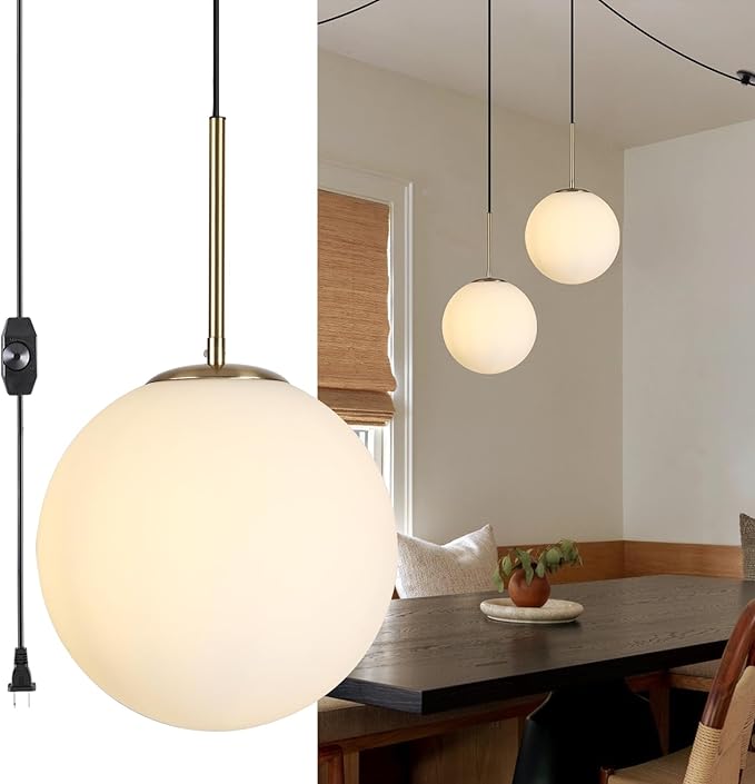 10” Plug in Globe Pendant Light Mid Century Modern Milk White Glass Globe Chandelier with 14.75ft Plug and Dimmable Switch for Bedroom Dining Room Kitchen Island, Brass