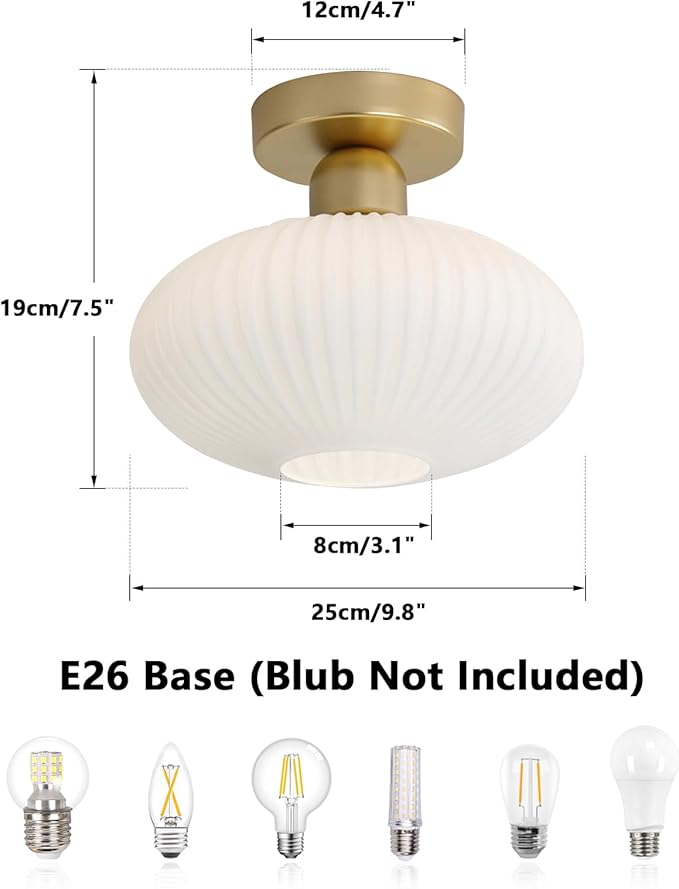KCO Lighting Mid Century Modern Large Semi Flush Mount Ceiling Light Fixture White and Gold Living Room Flush Mount Ceiling Light Vintage Milk Glass Globe Close to Ceiling Light