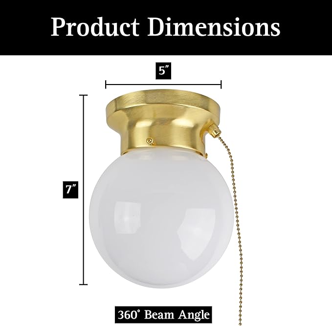 Ultralux 6" Utility LED Glass Flush Mount with Pull Chain - Globe Light Fixture - 500 Lumens 3000K Light Fixture for Closet, Pantry, Shed, Laundry Room - ETL-Certified (Brushed Gold, 6-Pack)