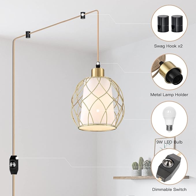 Ruzectt Plug in Pendant Light, Gold Hanging Lamp with Dimmable Switch, 15 ft Golden Cotton Cord, Hanging Light Fixture for Kitchen, Living Room, Bedroom (Bulb Included)