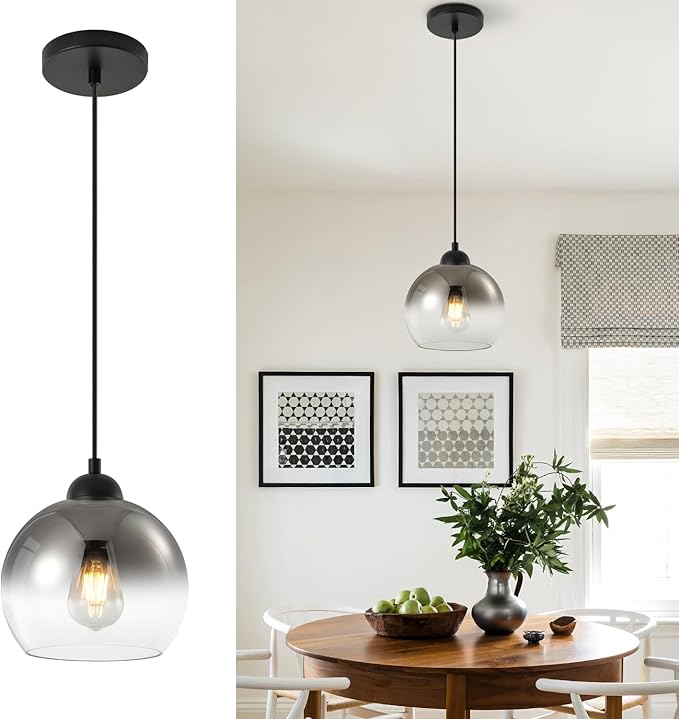 Modern Gradient Smoke Gray Glass Pendant Light，7.8-Inch Globe Adjustable Hanging Pendant Light for Bedroom Kitchen Island Dining Room Stairwell