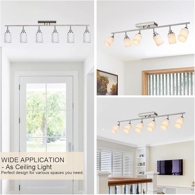TODOLUZ 6-Lights Track Lighting Ceiling, Ceiling Spotlight Fixtures Brushed Nickel Bathroom Vanity Lighting with Opal White Glass, E26 Bulb Base