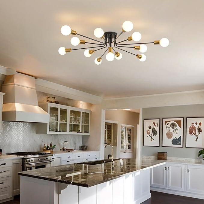 Black and Gold Oversized Semi Flush Mount Ceiling Light Fixture 13-Lights Modern Large Sputnik Chandelier for Office Living Room Bedroom Dining Room Kitchen