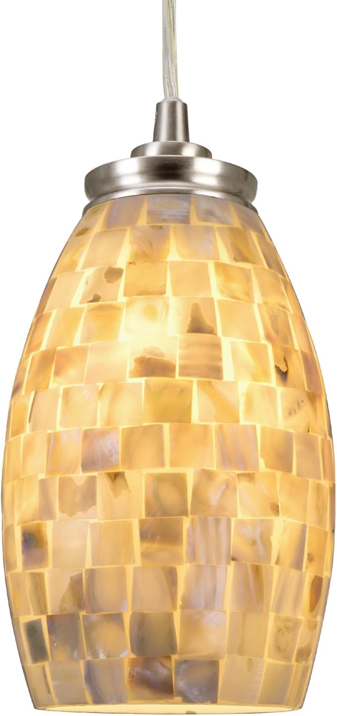 Kira Home Coast 9" Modern Oval Mini Pendant Light + Hand-Crafted Mosaic Sea Shell Glass, Brushed Nickel Finish/Neutral Color
