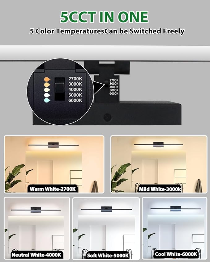 zouzai Second Generation Modern LED Bathroom Vanity Light Bar Black IP44 Over Mirror Bath Wall Fixture 5CCT Adjustable, Dual-Sided, 180° Adjustable Angle (32 inch)