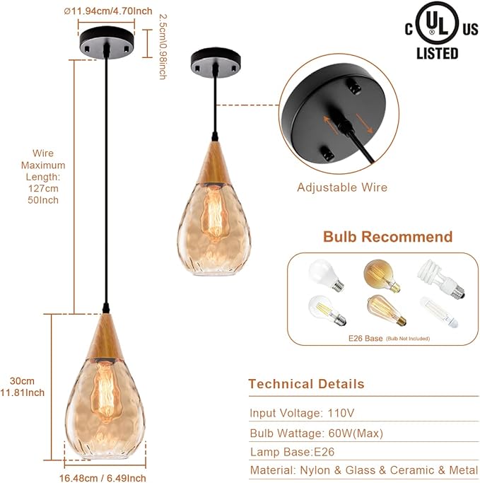 GLADFRESIT 3 Packs Pendant Light with Teardrop Glass Adjustable Nylon Core Contemporary Medium-Ceiling Lights for Kitchen Island Coffee Table Work Area Dining Room(Bulb Not Included)