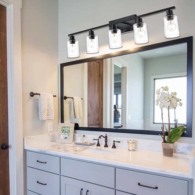 VINLUZ Bathroom Lighting Fixtures Over Mirror Matte Black,5-Lights Farmhouse Vanity Lights Wall Mount Light Fixture for Porch Workshop