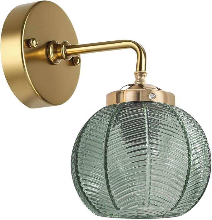 Gold wall Sconce Vintage Wall Sconces Light Wall lamp with Ribbed Green Glass Shade mid Century Modern Bathroom Vanity Light Art Deco Vanity Lights Over Mirror Bedroom Hallway Living Room