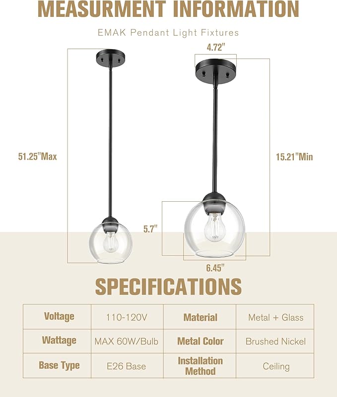 Emak 7 Inch Globe Pendant Light, Matte Black Pendant Light Fixtures with Clear Glass, 1-Light Hanging Lights for Kitchen, Bathroom, Bedroom, Hallway, 2 Pack, PL119-BK-2PK