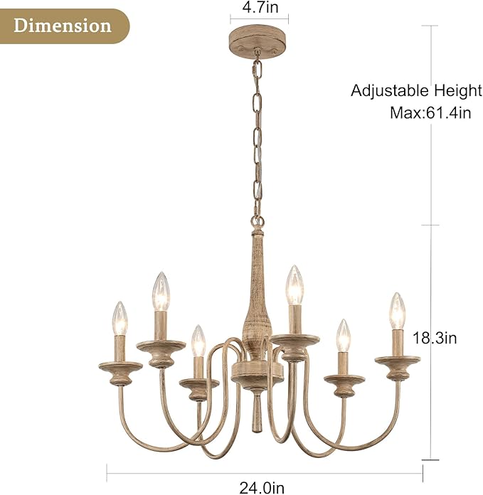 24" French Country Chandelier for Kitchen Island, 9-Light Farmhouse Pendant Light Fixture in Antique White, Adjustable Height for Dining Room & Living Room, Foyer