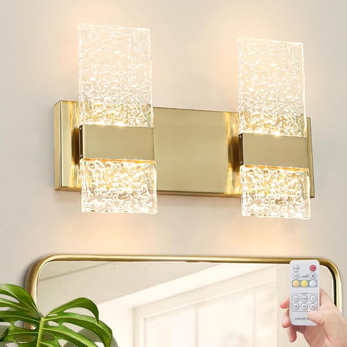 Modern Brushed Gold 4-Lights Bathroom Vanity Light, Eleglant Brass LED Bathroom Light Fixtures over Mirror, Dimmable Acrylic Shade Wall Lighting Fixtures, Hardwired Wall Light(H9.25in, L13.78in)