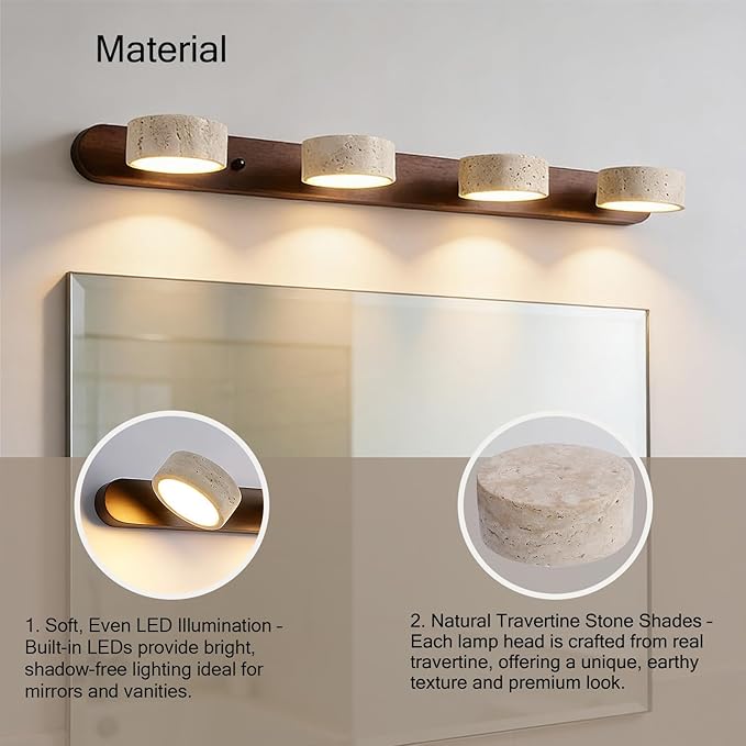 LED Bathroom Vanity Light, Travertine Stone Light Fixture, 360° Rotatable Stone Lampshades, Modern Rustic Wall Lamp for Bedroom, Living Room, Hallway (Walnut Wood-4 Lights)