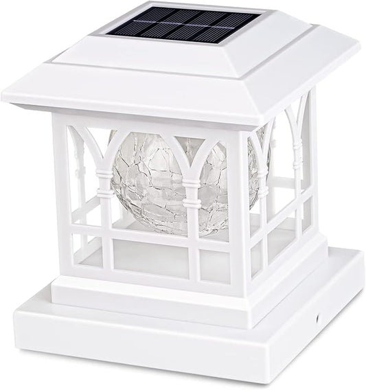 Solar Post Cap Lights, Warm White & RGB Automatic Cycling, Cracked Glass Bulb, 20 Lumens lP65 Waterproof Fit 3.6x3.6 4x4 4.5x4.5 5x5 Wood Fence Post Solar Powered Lights White (1 Pack)