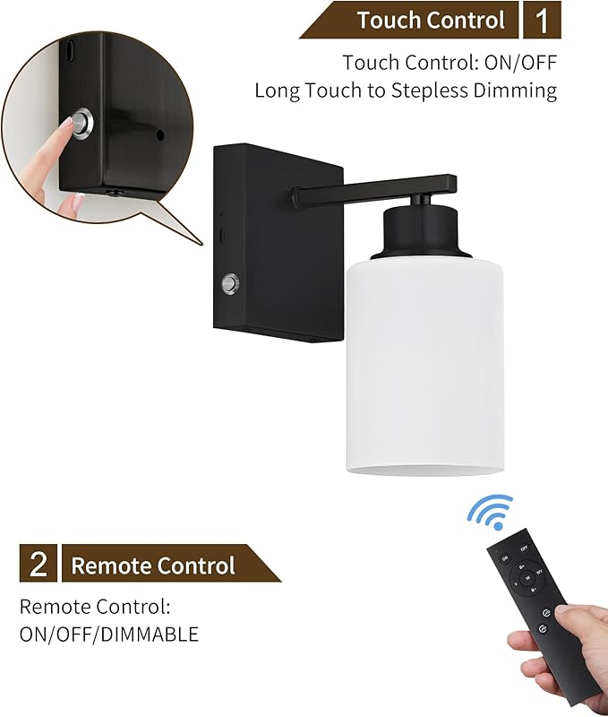Rayogale Battery Operated Wall Sconce Set of 2, Black Rechargeable Wall Lights with Timer Function, Easy Install Dimmable Wireless Wall Lamps for Living Room, Bedroom, Hallway, Entryway Decor 3000K