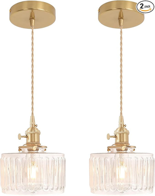 Shenmoyl Pendant Light 2 Pack with Clear Striped Glass Lmapshade, Brass Vintage Pendant Light Adjustable Hanging Light for Kitchen Island Dining Room Hallway