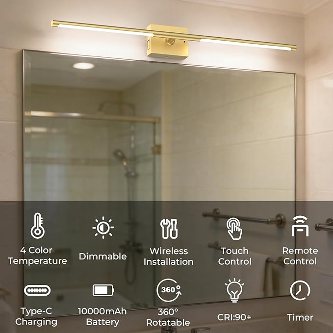 Battery Operated Wall Sconce Set of Two - 10000mAh Cordless Rechargeable Wall Sconces with Remote & Touch Control, 360°Rotate, 4CCT Dimmable Gold Wall Lights for Bedroom Living Room, 31.5 inch
