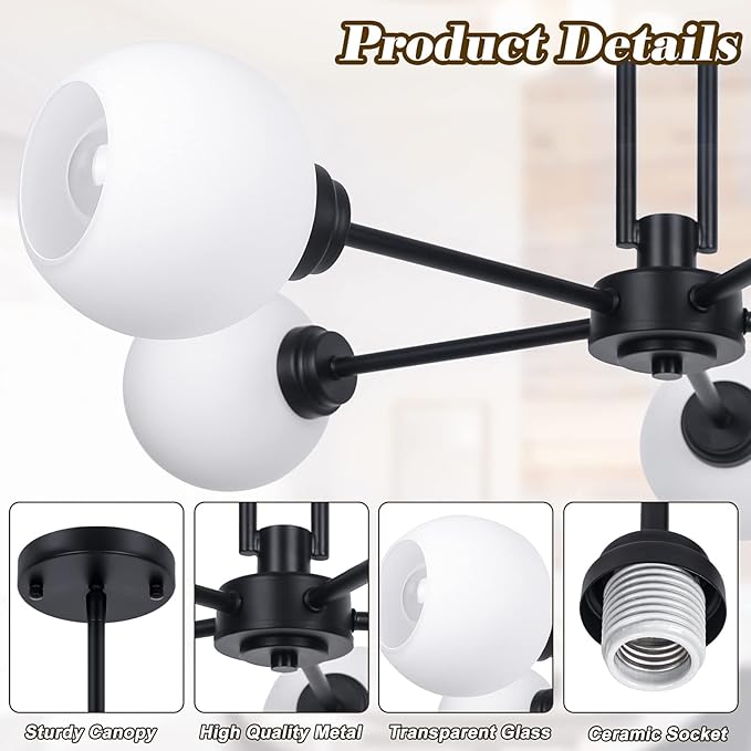 Modern 5-Light Globe Sputnik Chandelier - Large Semi-Flush Dining Room Light, Black Glass Pendant for Kitchen, Living Room, Bedroom, Farmhouse