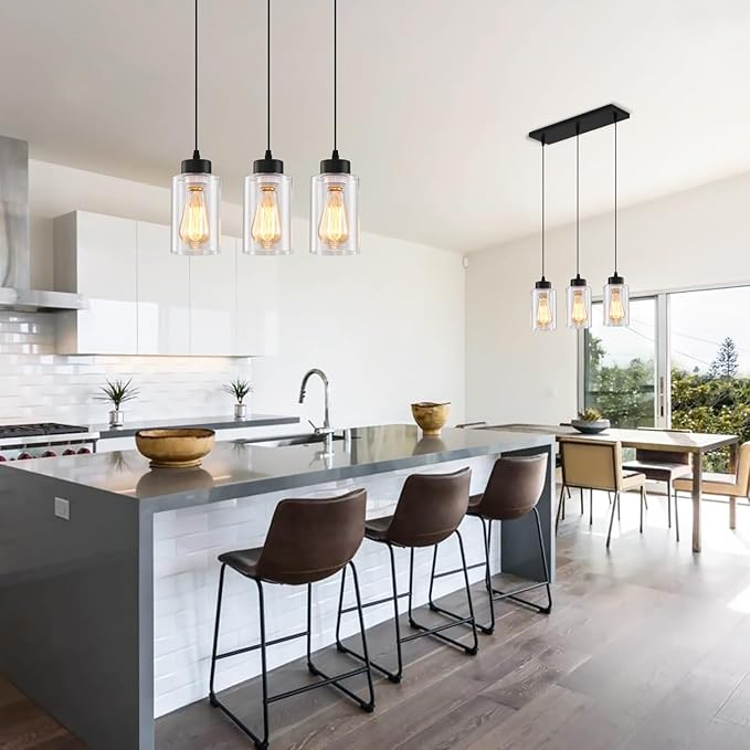 Black Chandelier,Farmhouse Light Fixtures Over Table, Dining Room Light Fixture Kitchen Island Lighting Chandeliers,Modern Pendant Light with Clear Glass Shade,Industrial Hanging Lighting