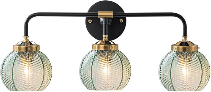 3 Light Bathroom Vanity Light Fixture, Modern Glass Globe Wall Sconce with Ribbed Green Shade, Vintage Wall Lamp for Over Mirror, Bedroom, Hallway, Living Room, 23.6x7.9 inches