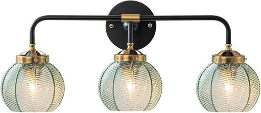 3 Light Bathroom Vanity Light Fixture, Modern Glass Globe Wall Sconce with Ribbed Green Shade, Vintage Wall Lamp for Over Mirror, Bedroom, Hallway, Living Room, 23.6x7.9 inches