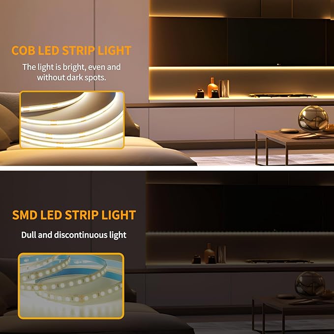 16.4ft COB LED Strip Lights 3000K Warm White Dimmable DC 24V Flexible LED Tape Light for Bedroom, with Remote and app Control LED Light Strip,for DIY Home Decoration