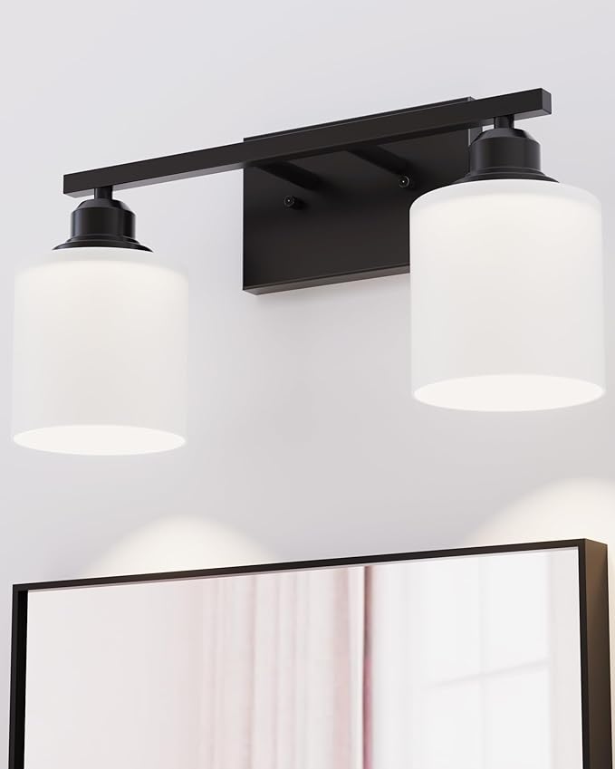 Sailstar Modern Bathroom Lights - 2-Light Vanity Fixtures with Milky White Glass Shades, Anti-Rust Matte Black Finish, E26 Base