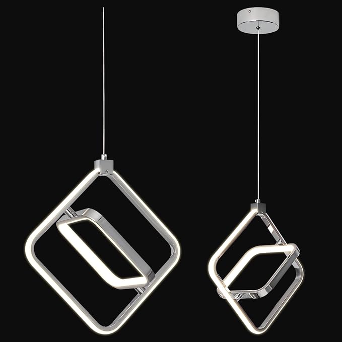 Modern LED Chandelier Chrome Rectangular Pendant Light Fixtures 4000K 20W Dimmable Height Adjustable Pendant Lighting for Dining Room Kitchen Island Bedroom Living Room Foyer（1-Pack）