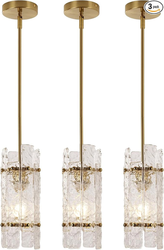 Gold Crystal Pendant Light for Kitchen Island,Luxury Mini Water Ripple Glass Chandelier Lights Fixture, Modern Round Adjustable Hanging Pendant Lighting for Dining Room Bedroom Hallway (3-Pack)