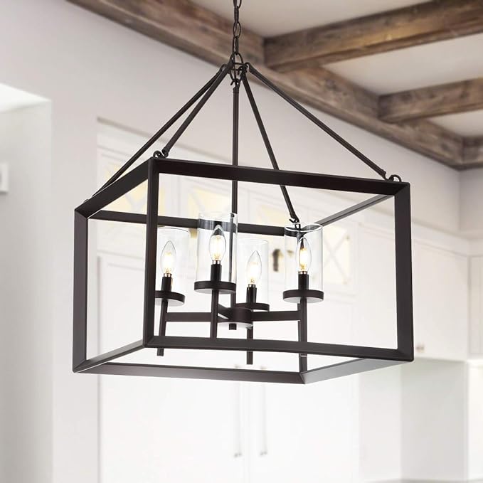 JONATHAN Y 21" Oil Rubbed Bronze/Clear 4-Light Lantern Pendant, LED Ceiling Light for Foyer Kitchen Island Entryway, Traditional Metal Fixture with Clear Glass Shade, ETL Listed (JYL7413A)