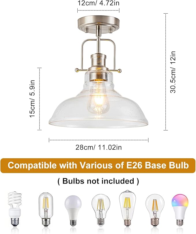 WILON Farmhouse Glass Semi Flush Mount Ceiling Light Fixture, Kitchen Lighting Fixtures Industrial Ceiling Lamp for Hallway Bedroom Kitchen Laundry Room (Brushed Nickel & Seeded, 1 Pack)