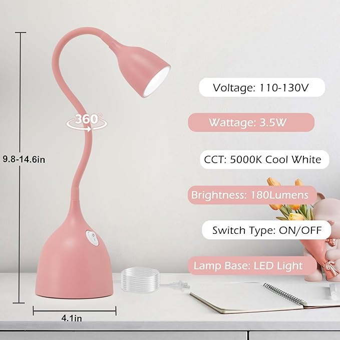 EJIAXIN Gooseneck Desk Lamp 360° LED Flexible Reading Light Small Desk Lamps for Small Spaces Home Office Bedroom College Dorm Desk Bookshelf Nightstand Table Lamp (Pink)