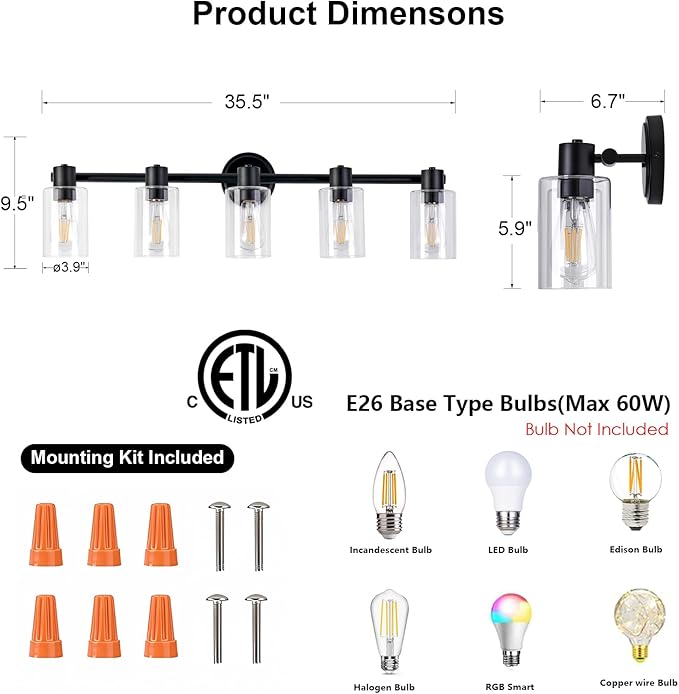 5 Light Bathroom Wall Light Fixtures Black Bathroom Wall Sconce with Clear Glass Lights Over Mirror Vanity Lights E26 Base
