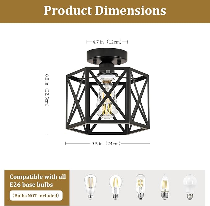 Modern Farmhouse Semi Flush Mount Ceiling Light,Industrial Black Ceiling Lighting Fixture,Hexagonal Close to Ceiling Lights for Kitchen, Hallway, Entryway, Bedroom,Foyer,Laundry Room,9.5 Inch