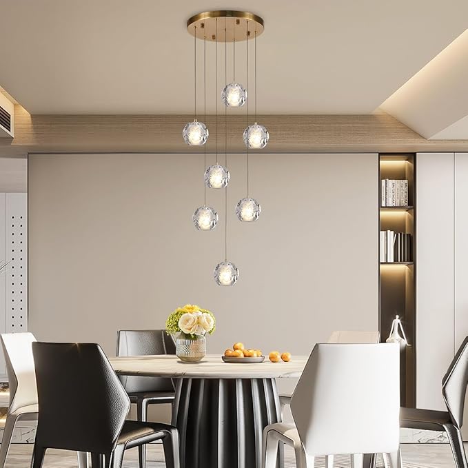 Brass Modern Chandelier, 7 Lights Bubble Crystal Pendant Light, 59" Long Chandelier Bubble Raindrop Chandelier Light Fixture for Entryway Foyer Staircase