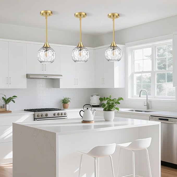 Pendant Lights Kitchen Island 3 Pack,Pendant Light Fixtures with Hammered Glass Shade,Adjustable-Height Island Lights for Kitchen with Detachable Rod,E26 Base Kitchen Pendant Lighting Over Island/Bar