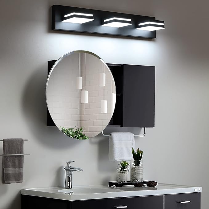 SineRise LED Modern Bathroom Vanity Light Fixtures, Dimmable Matte Black Modern Acrylic Bathroom Wall Lighting Fixtures Over Mirror (Cool White 6000K)