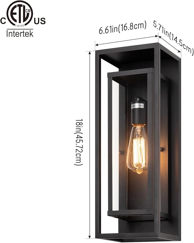 mirrea 18" Classic Outdoor Wall Sconce 1 Light in Matte Black Rectangular Metal Frame and Clear Glass Shade Waterproof Porch Light Patio Light Pack of 2