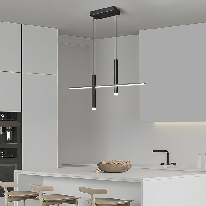 Modern LED Linear Pendant Light with Dual Spotlights Dimmable 6000K Pendant Lights Kitchen Island Ceiling Hanging Black Chandeliers for Dining Room Table Kitchen Living Room Bedroom(L31.5in)