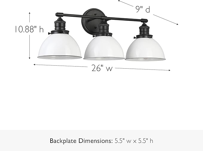 Design House Savannah Rustic Farmhouse 3-Light Bathroom Vanity Light, Dimmable, Matte Black, White Metal Shade, 26 in x 9 in x 10.88 in, 588301