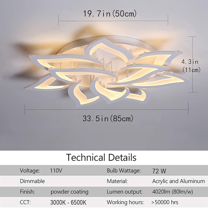 Garwarm Dimmable LED Ceiling Light, 72W Modern Acrylic Flush Mount Ceiling Lamp with Remote Control Metal Flower Shape Chandelier Lighting Fixture for Living Room Bedroom Kitchen